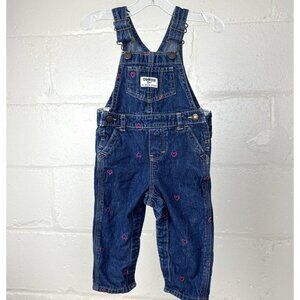 OshKosh Pink Heart Denim Long Overalls Baby Girl Toddler Size 12 Months